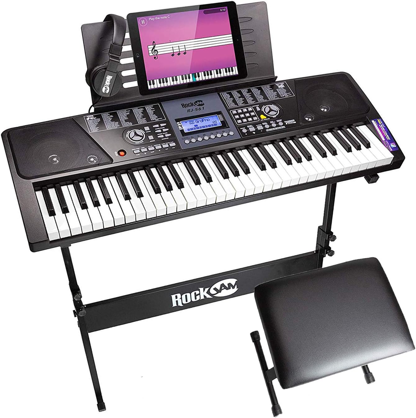 RockJam RJ561 61-key keyboard piano with its stand, padded stool, headphones and music rest